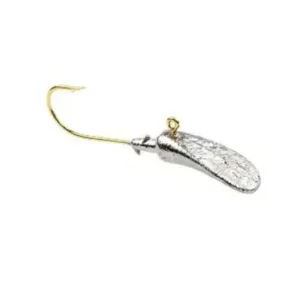 A fishing hook with a gold tip and white background