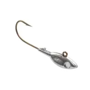 A close up of a fish hook with a brown tail