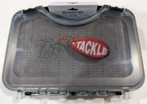 Fishing tackle box with clear lid.