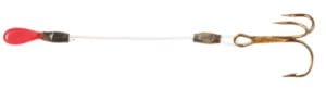 Fishing lure with treble hook and red weight.