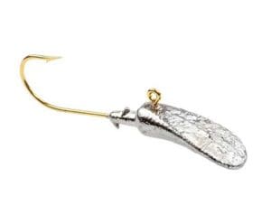 Fishing lure with a shiny silver body.