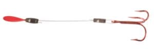 Fishing treble hook with red plastic tip.