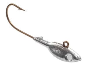 Fishing hook with a silver weight design.