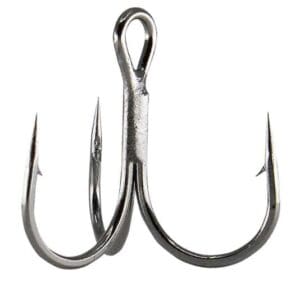 A pair of fishing hooks with three sharp tips.