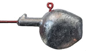 Metal fishing lure with a red hook.