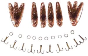 Fishing lures and accessories arranged neatly.