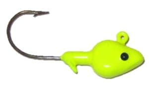 A yellow fishing hook with a fish on it.